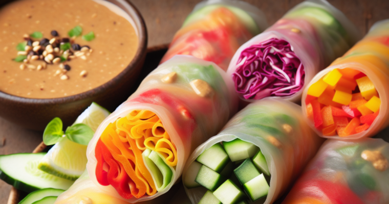 Yummy Rainbow Spring Rolls with Spicy Peanut Sauce