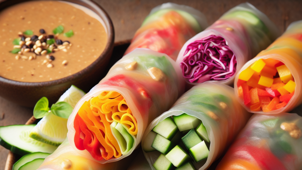 Yummy Rainbow Spring Rolls with Spicy Peanut Sauce